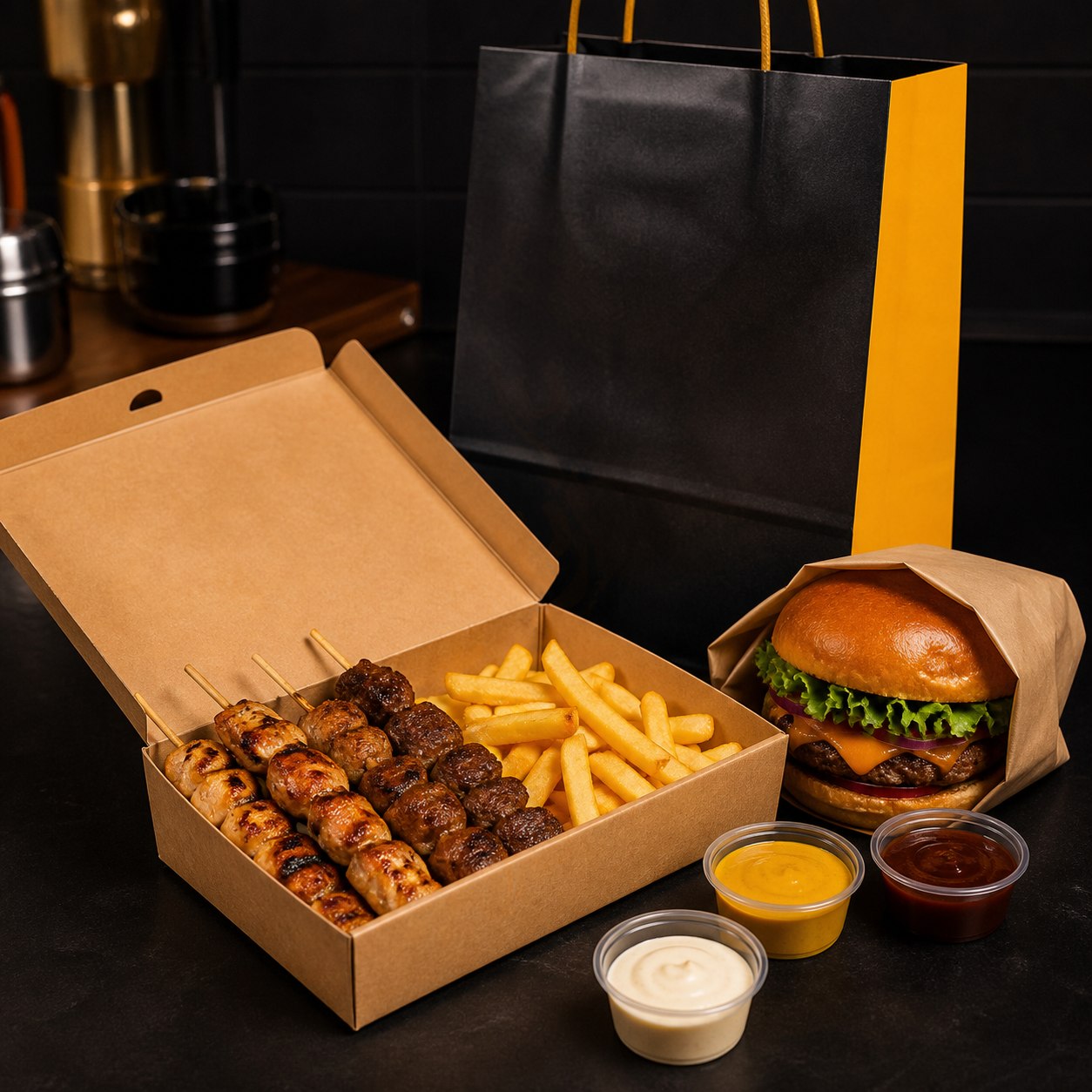Pedido para delivery com espetinhos, lanche, batatas e molhos